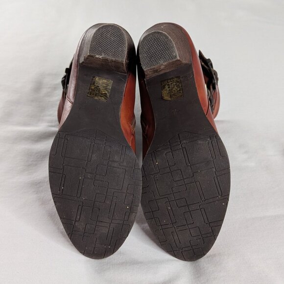 L'Artiste Brown Cognac Leather Braided Buckle Stacked Heel Boots - Picture 6 of 8